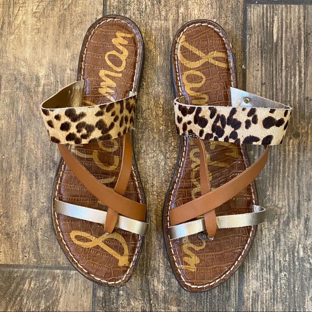 SAM EDELMAN STRAPPY BROWN LEATHER/GOLD/LEOPARD CALF HAIR SLIP ON SANDAL SIZE 10